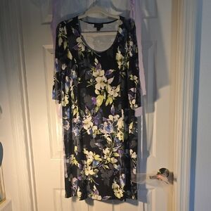 J. Jill Black Floral Scoop-Neck Long Sleeve Dress